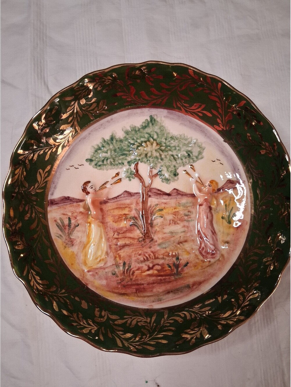 Hand-Painted Italian Decorative Ceramic Plate with Gold Leaf Detailing
